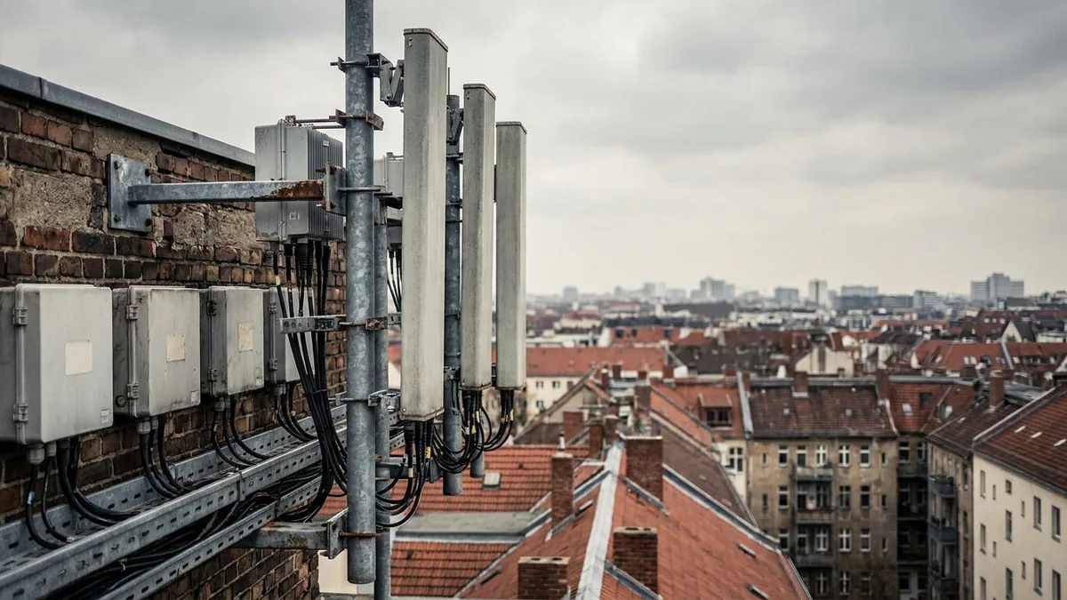 Mobilfunkantennen, Kabelstränge und Schaltkästen auf dem Dach eines Backsteinhauses über den Ziegeldächern einer Stadt