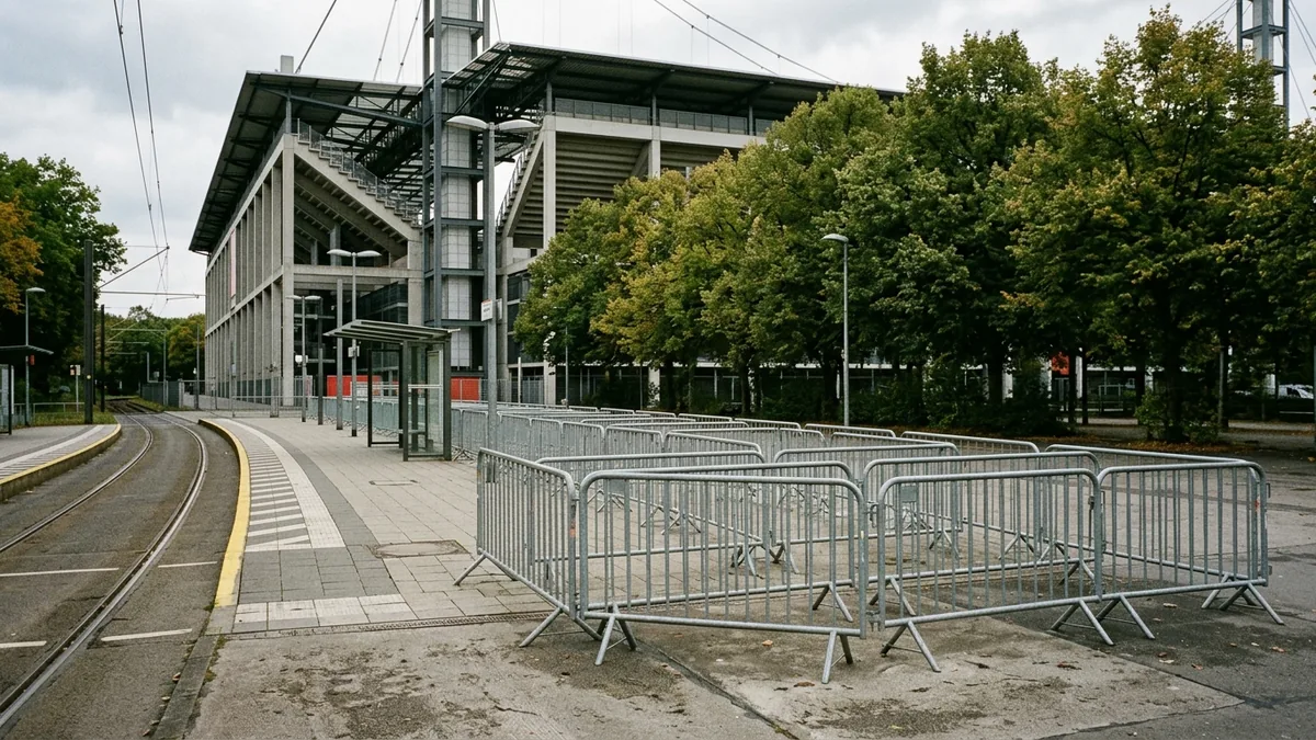 Leerer Bahnsteig am Stadion mit Absperrgittern für die Besucherlenkung