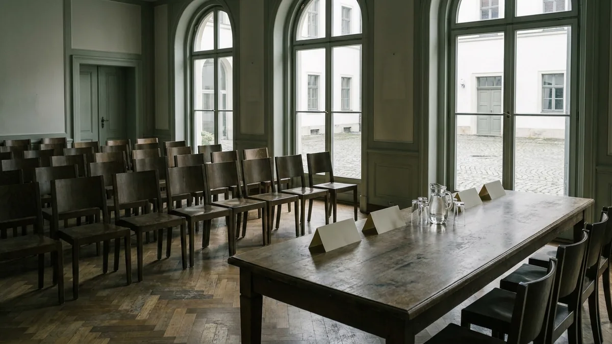 Leerer Sitzungssaal mit Stuhlreihen vor einem langen Tisch