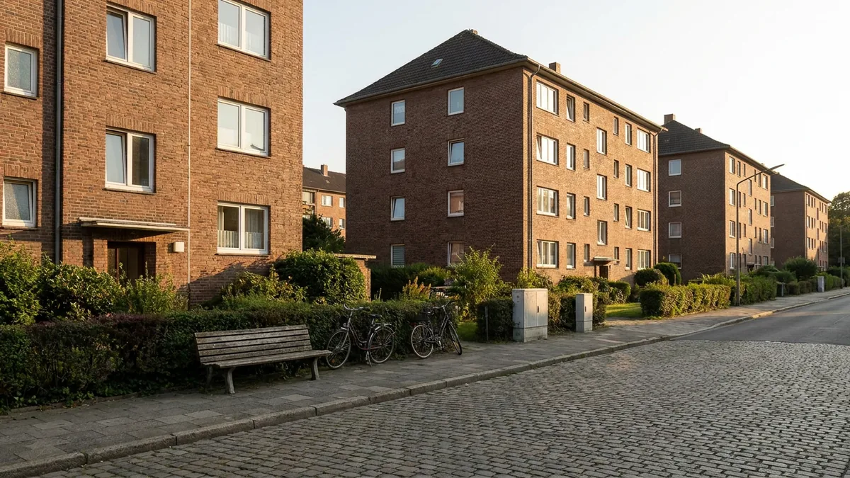 Ruhige Wohnstraße mit Backsteinhäusern, Vorgärten und einer Bank