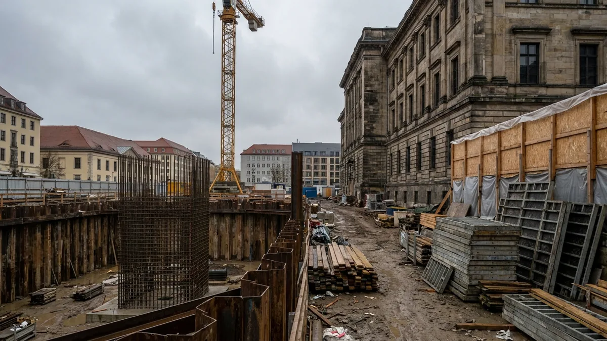 Baugrube mit Kran und Bewehrungsstahl neben einem Steingebäude in der Innenstadt