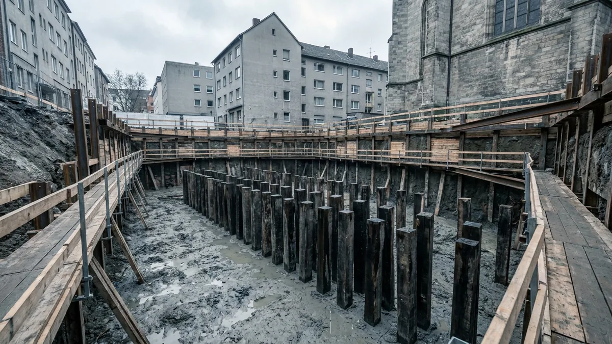 Baugrube mit Reihen dunkler Holzpfähle im Schlamm, umlaufende Holzstege, dahinter Wohnhäuser und eine Kirche