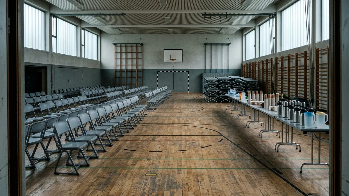 Stuhlreihen und Klapptische in einer leeren Schulturnhalle, als Anlaufstelle hergerichtet