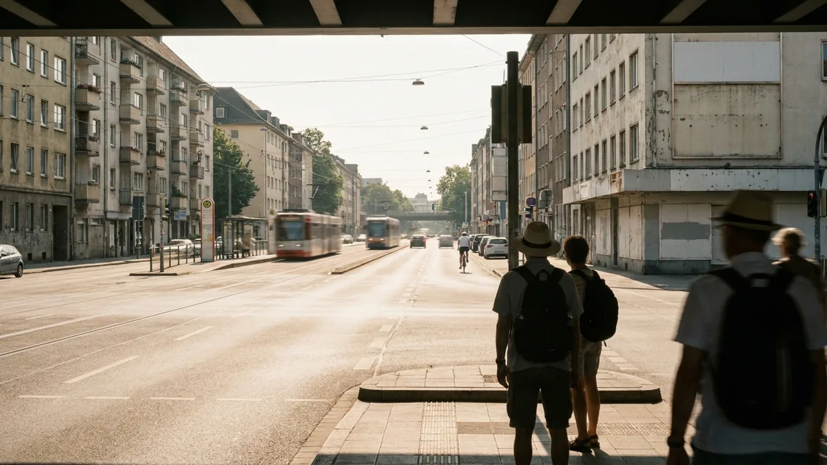 Fußgänger warten an der Querung einer mehrspurigen Straße mit Gleisen in Köln