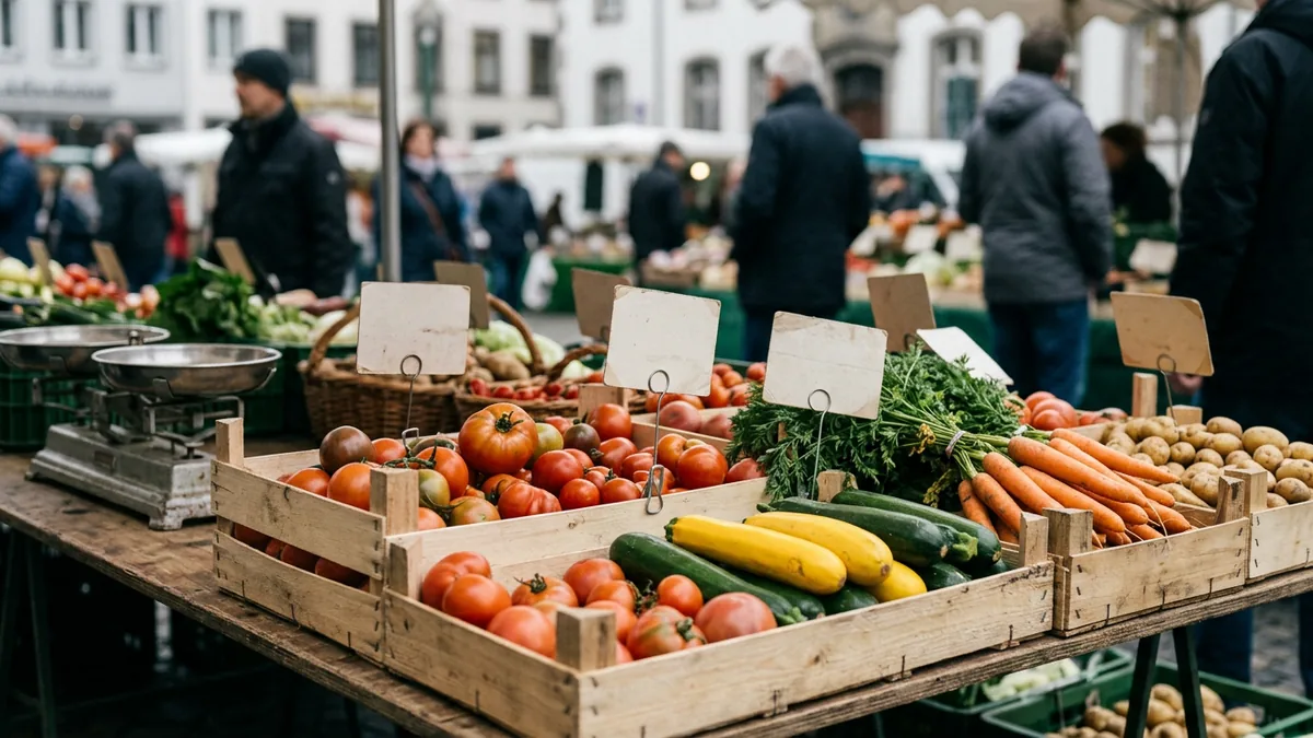 Gemüsekisten mit Preisschildern auf einem Wochenmarkt, Detailaufnahme von schräg oben