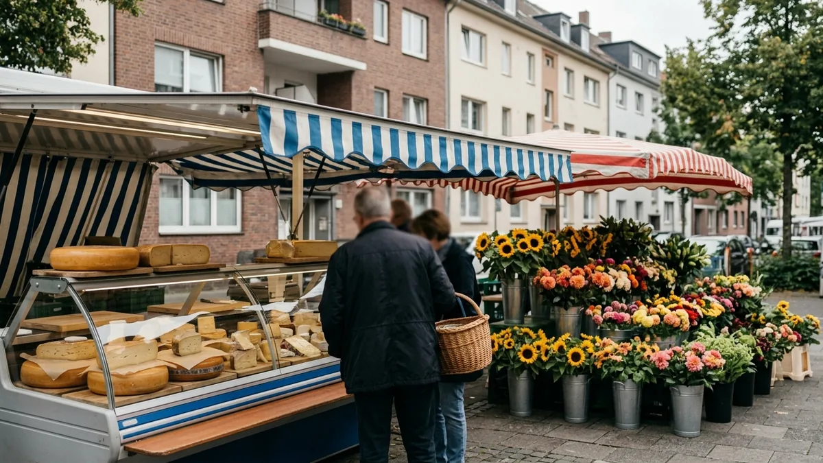 Käsetheke und Blumenstand nebeneinander auf einem Kölner Wochenmarkt