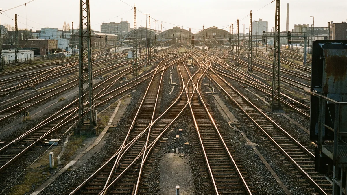Gleisvorfeld eines großen Bahnhofs mit vielen Weichen und Oberleitungsmasten im Abendlicht